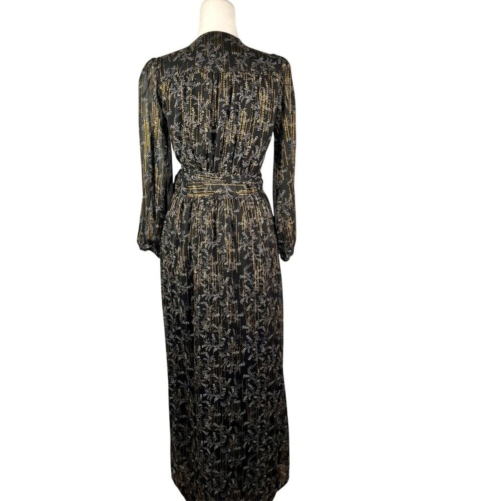 BTFL-LIFE Women's Black Metallic Floral Print Long Sleeve Wrap Maxi Dress Medium - Picture 7 of 7